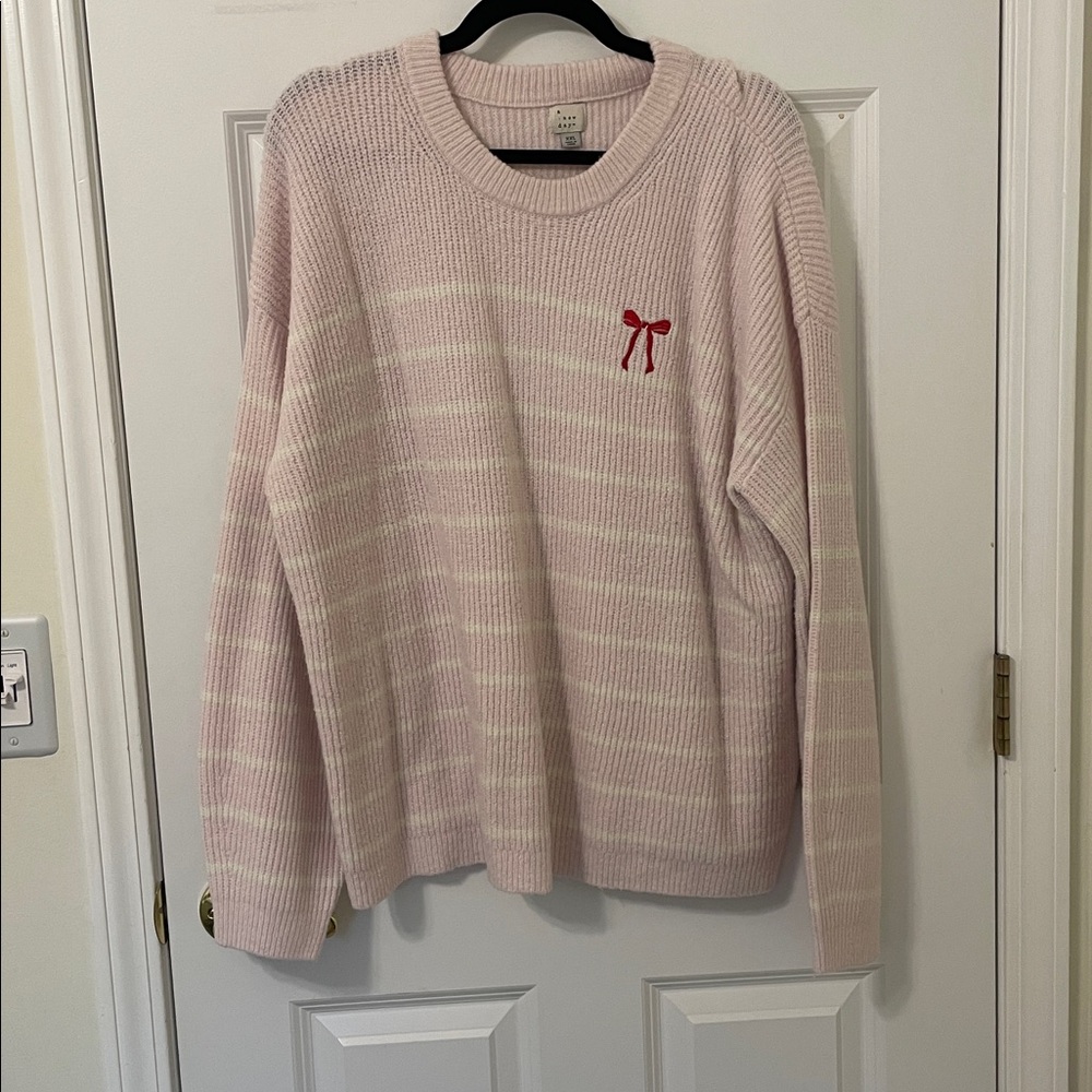 A New Day Soft Pink Knit Striped Sweater Red Bow XXL